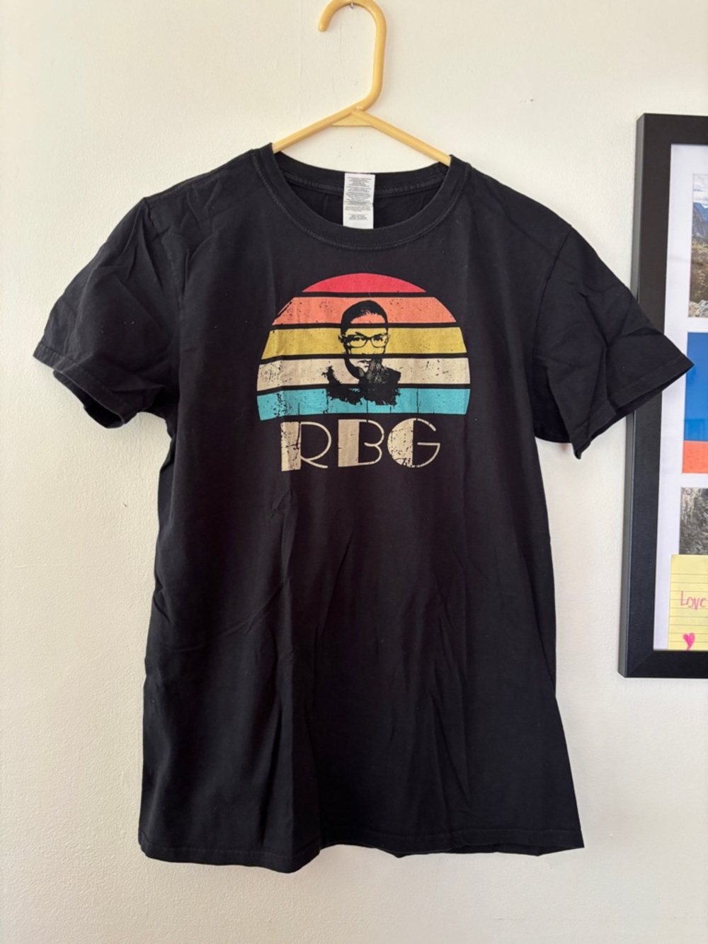 Gildan Black Tee with Retro Red Yellow Blue Stripe RBG Graphic